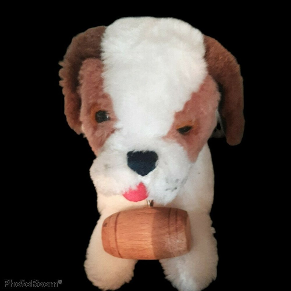 Vintage 1977 St. Bernard Puppy Dog Plush Stuffed Animal Dakin Whiskey Barrel